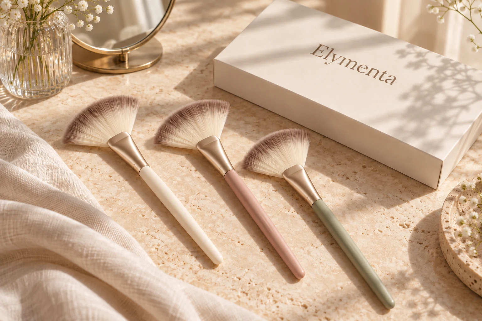 Elymenta essentials in a softly lit vanity scene