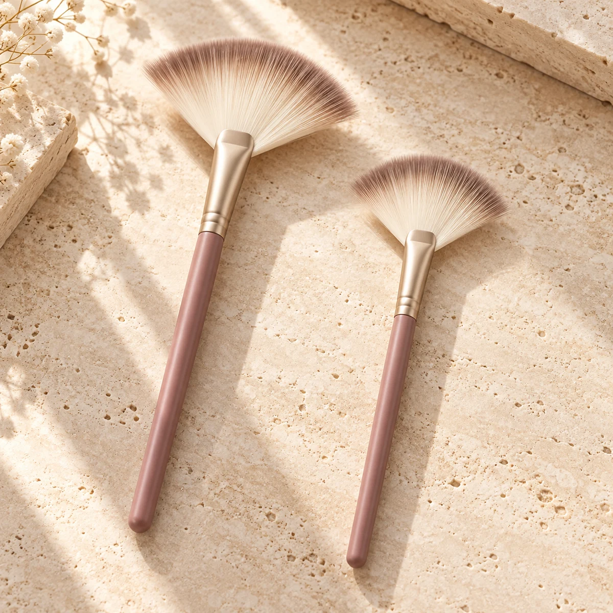 Rose Daily Duo Fan Highlight Brush Set — Dusty rose handle / taupe-tipped ivory bristles fan highlight brush design
