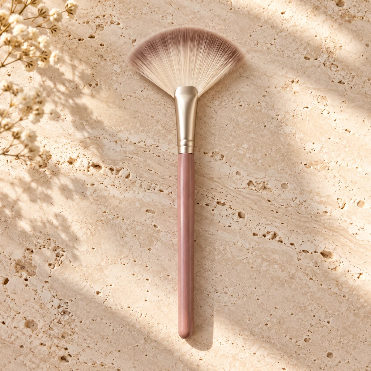 Rose Petite Fan Highlight Brush — Dusty rose handle / taupe-tipped ivory bristles fan highlight brush design