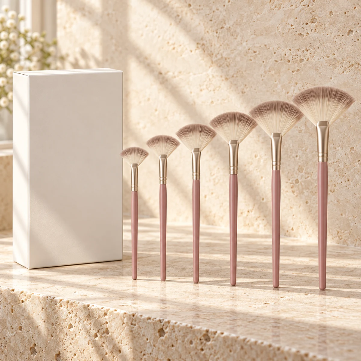 Rose Studio Six Fan Highlight Brush Set — Dusty rose handle / taupe-tipped ivory bristles fan highlight brush design