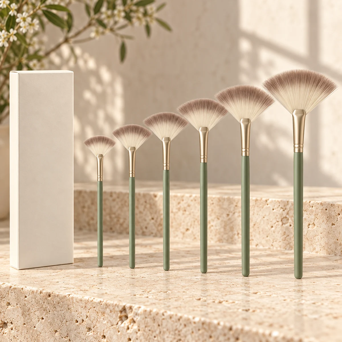 Sauge Studio Six Fan Highlight Brush Set — Sage handle / taupe-tipped ivory bristles fan highlight brush design